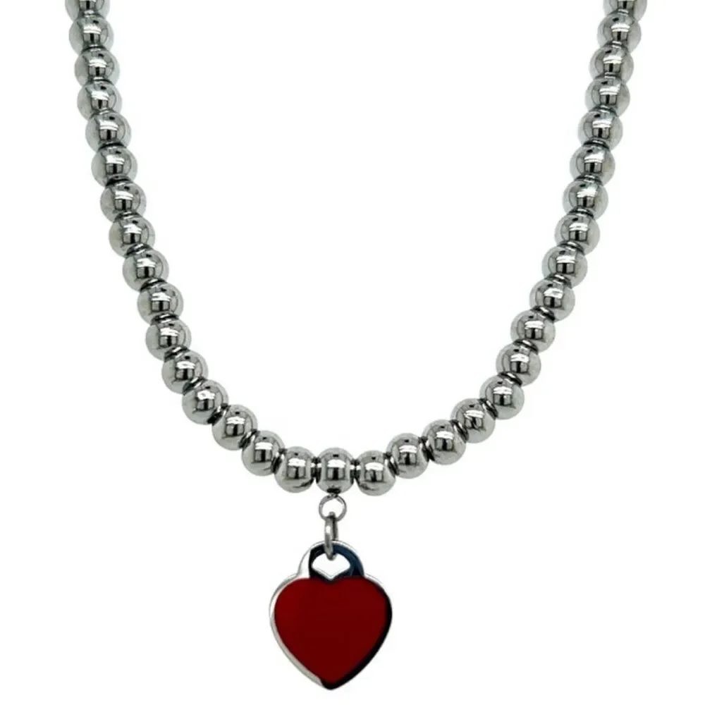Silver bead red heart bracelet
